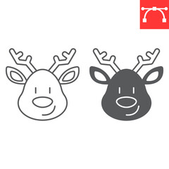 Christmas deer line and glyph icon, new year and reindeer, rudolph deer vector icon, vector graphics, editable stroke outline sign, eps 10.