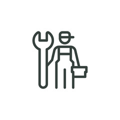 Outline Icon Man in Overalls With a Wrench and a Box of Tools. Such Line sign as Car Mechanic Services Plumber, Plumbing Work. Vector Isolated Pictograms for Web on White Background Editable Stroke.