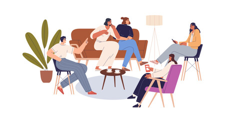 Obraz na płótnie Canvas Friends communication, meeting at home. People talking, speaking, sitting on sofa, armchair in living room, lounge. Happy characters conversation. Flat vector illustration isolated on white background