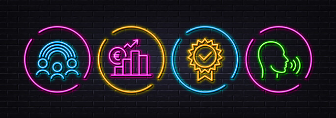 Euro rate, Inclusion and Certificate minimal line icons. Neon laser 3d lights. Human sing icons. For web, application, printing. Currency trade, Equity rainbow, Verified award. Talk. Vector - obrazy, fototapety, plakaty