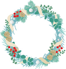 モミのリースにユーカリの葉とまつぼっくりで飾ったクリスマスリースのイラスト