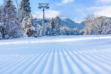 Groomed ski run and mountains, Bansko, Bulgaria