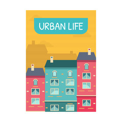 Poster with houses vector illustration. Vivid graphic elements with house facades and text. Buildings and architecture concept. Template for promotional poster or flyer