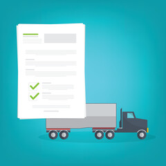 Truck insurance document, report. Transport or custom document. Paper agreement checklist or loan checkmarks form list approved with truck icon, vehicle financial, truck dealership legal deal.