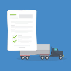 Truck insurance document, report. Transport or custom document. Paper agreement checklist or loan checkmarks form list approved with truck icon, vehicle financial, truck dealership legal deal.