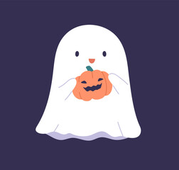 Cute ghost holding jack pumpkin with face. Funny Halloween spook smiling. Happy spooky phantom character for October holiday. Kawaii adorable magic spirit. Isolated childrens flat vector illustration