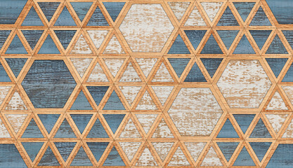 Seamless wooden background. Light wooden panel with triangular and hexagonal pattern.