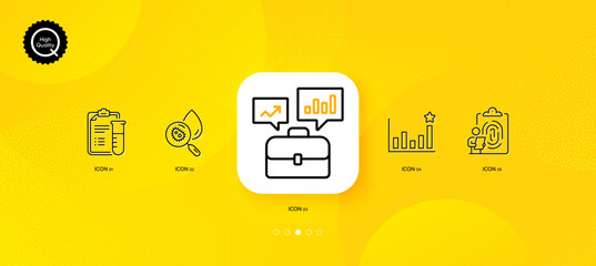 Naklejka premium Water analysis, Fingerprint and Efficacy minimal line icons. Yellow abstract background. Medical analyzes, Business portfolio icons. For web, application, printing. Vector