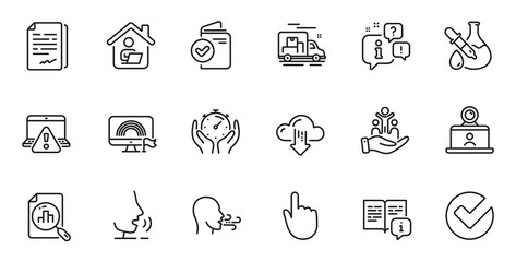 Outline set of Verify, Chemistry experiment and Document signature line icons for web application. Talk, information, delivery truck outline icon. Include Inclusion, Lgbt, Hand click icons. Vector