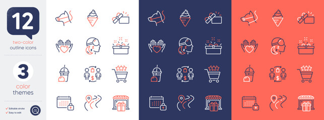 Set of Calendar, Ice cream milkshake and Present box line icons. Include Buying process, Opened gift, Ice cream icons. Insomnia, Hold heart, Gift shop web elements. Shopping rating, Road. Vector