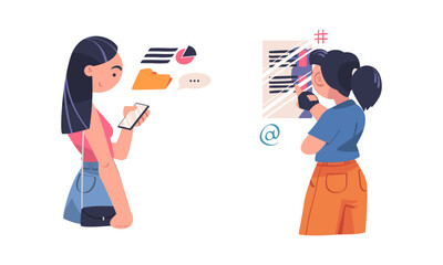 Girls using mobile devices for communicating and searching for information cartoon vector illustration