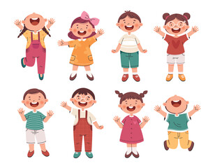 Set of children characters. Bundle of smiling  boys and girls with different hairstyles and clothes. Colorful cartoon characters isolated on white background.