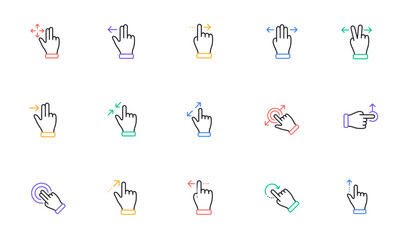 Touchscreen gesture line icons. Hand swipe, Slide gesture, Multitasking icons. Touchscreen technology, tap on screen, drag and drop. Linear set. Bicolor outline web elements. Vector