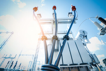 High voltage switchgear and equipment of power plant. View  of electric power transmission lines.