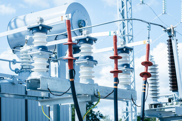 High voltage switchgear and equipment of power plant. View  of electric power transmission lines.