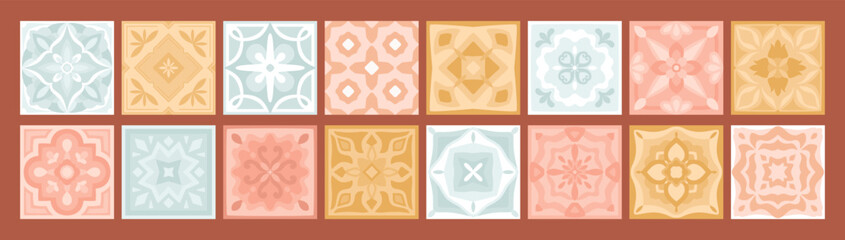 Fototapeta premium Majolica tiles set. Mediterranean ornament, pottery collection, Moroccan, Sicily, Portuguese patchwork, kitchen or floor ceramic vector illustration. Decorative geometric and floral patterns.