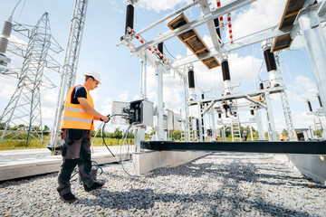 Adult electrical engineer inspect the electrical systems at the equipment control cabinet....