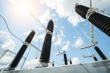 Modern new power station. The equipment used to raise or lower voltage, high voltage power station....