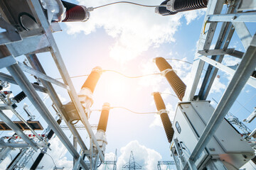 Modern new power station. The equipment used to raise or lower voltage, high voltage power station....