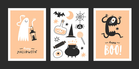 Vector set of Halloween greeting cards with handwritten text and traditional symbols.