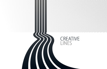 Linear composition vector road to horizon, abstract background with lines in 3D perspective, optical illusion op art, black and white monochrome.