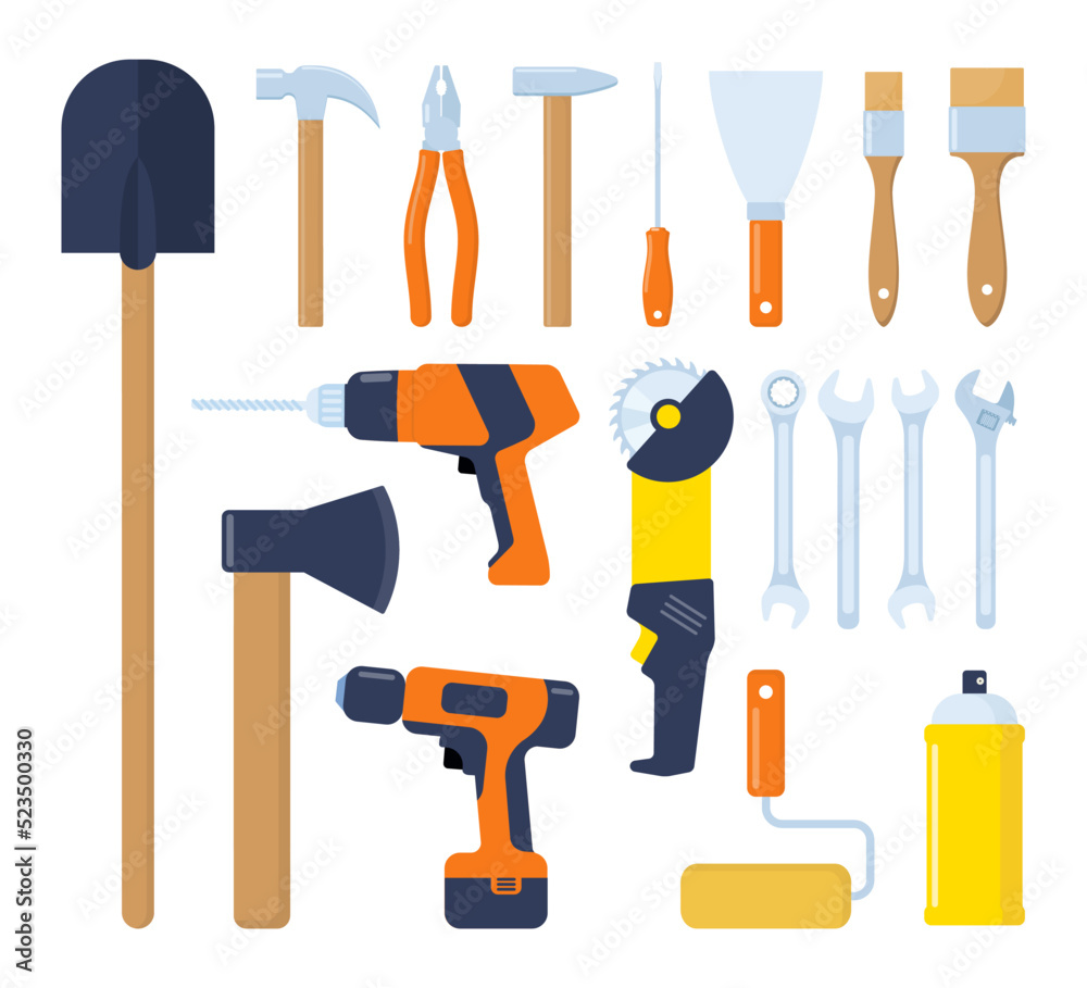 Wall mural collection of working tools. repair and construction tools icon set. hammer, pliers, chisel, file, s