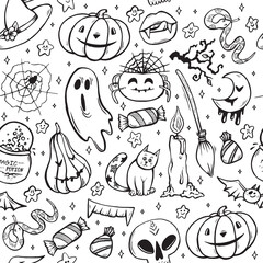 Halloween seamless pattern with line art doodle pumpkins, vampires, ghosts, skulls, other objects. Black and white hand drawn cute Halloween texture