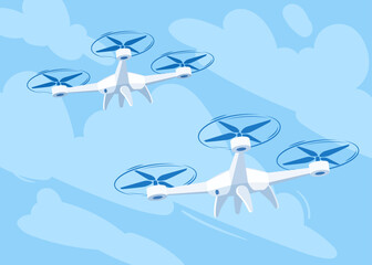 Flying drone with blue sky background, vector illustration. Cartoon drones flying in different angles