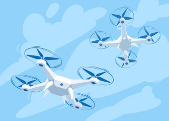 Flying drone with blue sky background, vector illustration. Cartoon drones flying in different angles