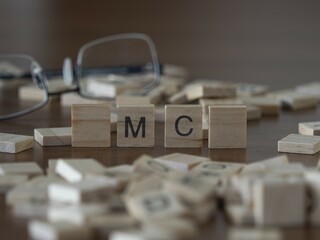 Mc word or concept represented by wooden letter tiles on a wooden table with glasses and a book