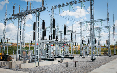 Modern new power station. The equipment used to raise or lower voltage, high voltage power station....