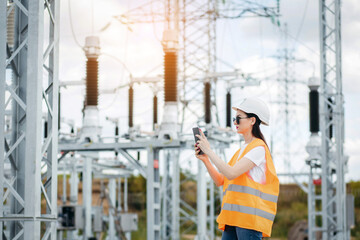 Adult woman energy engineer inspects the equipment of the modern power station using data from the...