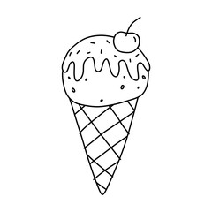 Cute ice cream cone with cherry isolated on white background. Sweet food. Vector hand-drawn illustration in doodle style. Perfect for various designs, cards, decorations, logo, menu.