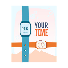 Modern design with watches vector illustration. Cityscape or landscape on background and text. Time management concept. Template for promotion poster, advertising label or sticker