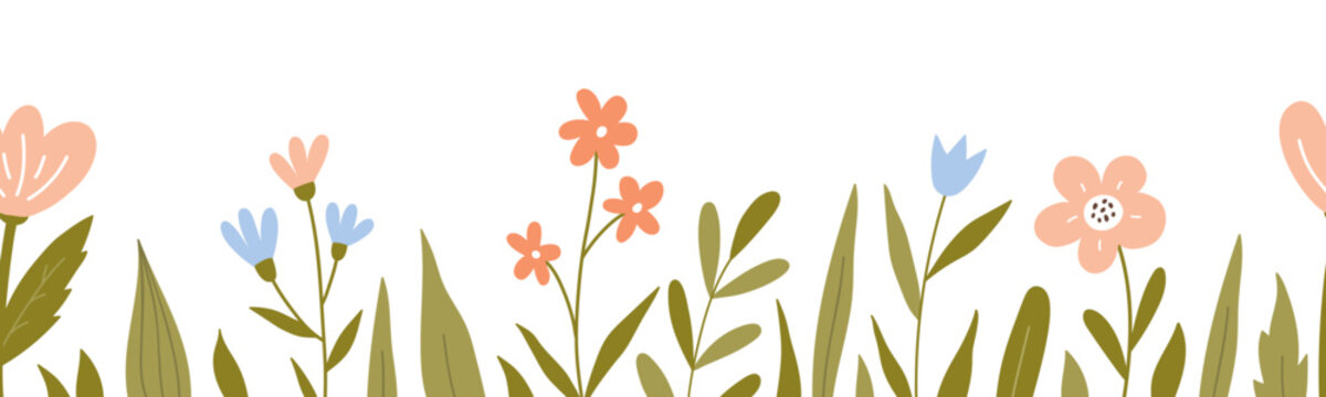 Seamless horizontal border with cute flowers and leaves. Botanical background. Perfect for decorations, greeting cards, banner designs. Vector illustration in hand-drawn flat style.