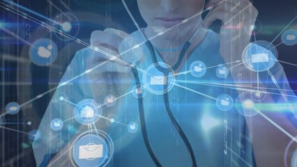 Animation of mail icons connecting with lines over caucasian doctor examining with stethoscope - Powered by Adobe