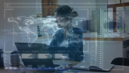 Digital map, programming code and moving graphs over caucasian woman with laptop drinking coffee - Powered by Adobe