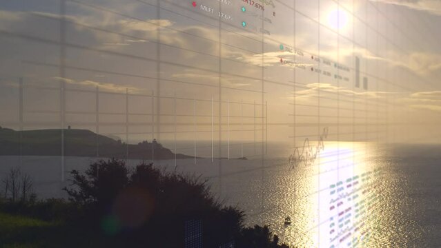 Animation of multiple graphs on grid pattern moving over scenic view of sea against sky at sunset