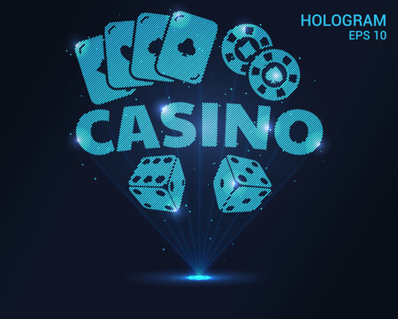 A casino hologram. Holographic projection of the card, casino chips, dice. A shimmering stream of particle energy. Scientific casino design.
