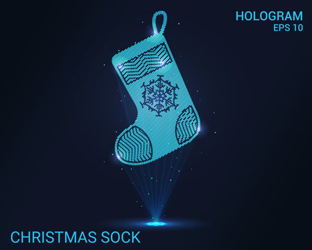 A hologram of a Christmas sock. Holographic projection of a Christmas sock. A shimmering stream of particle energy. Scientific design Christmas.