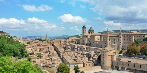 Aerial view of Urbino with the Ducal Palace of Urbino built by Federico da Montefeltro in the...