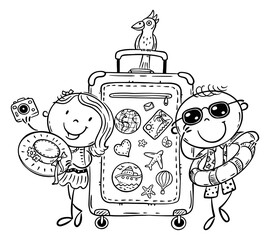 Line drawing of happy kids traveling with suitcase in summer. Vacations and seaside clipart