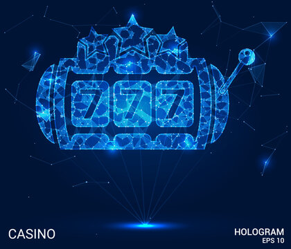 A casino hologram. A casino slot machine made of polygons, triangles of dots and lines. The slot machine from the casino has a low-poly connection structure. Technology concept.
