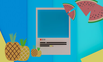 Summer social media frame on blue and yellow background decorated with pineapples and watermelons. 3d rendering