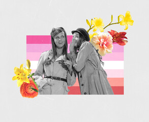 Creative colorful design. Conceptual image with two stylish young women whispering secrets, communicating