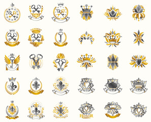 Vintage heraldic emblems vector big set, antique heraldry symbolic badges and awards collection, classic style design elements, family emblems.