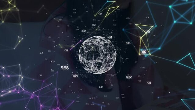 Animation of globe and shapes over caucasian woman using smartphone