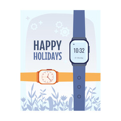 Flyer design with watches vector illustration. Cityscape or landscape on background and text. Time management concept. Template for promotion poster, advertising label or sticker