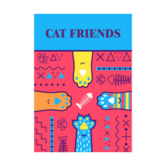 Stylish brochure design with cat paws. Greeting card with text. Domestic animals and pets concept. Template for promotional leaflet or flyer