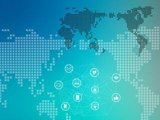 ドットの世界地図とデジタルなネットワークアイコン